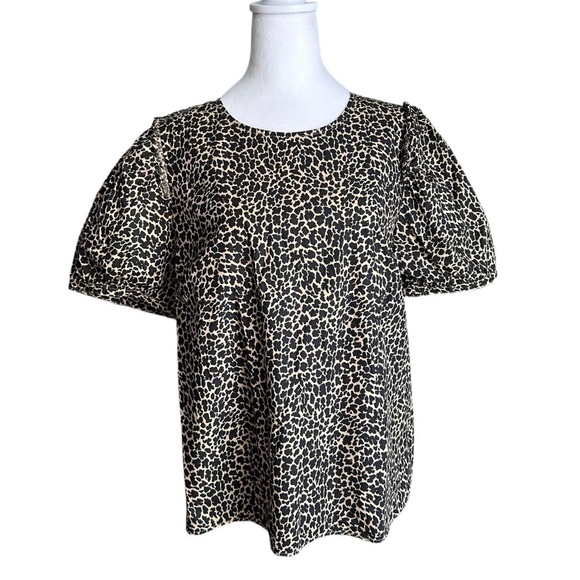 J. Crew Tops - J. CREW Leopard Print Poplin Short Puff Sleeve Crisp Animal Cheetah Size Large
